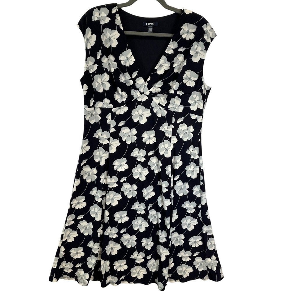 Chaps Navy & Grey Tone Floral Fit & Flair V-Neck Sleeveless Cap Dress Size XL
